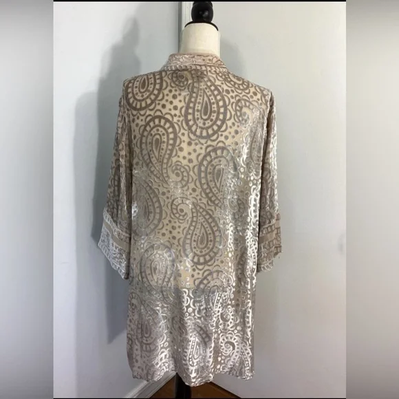 VTG BOB MACKIE WEARABLE ART LARGE BEIGE SILVER PAISLEY BURNOUT VELOUR TUNIC RARE - Picture 3 of 14
